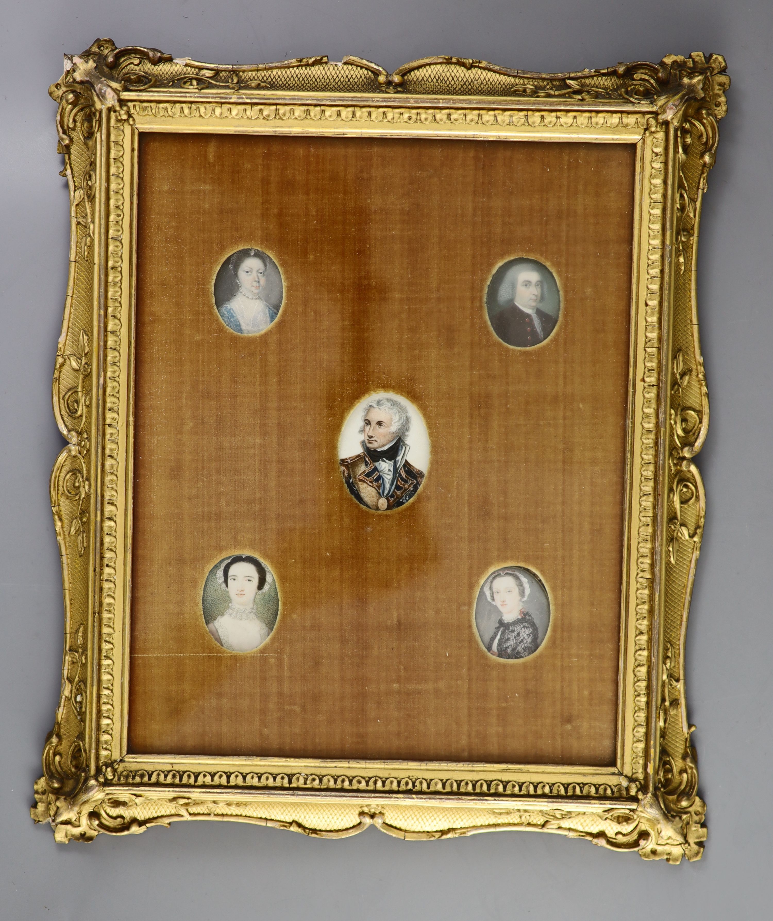Irish School circa 1800 , Miniature portraits of members of the Burges family and of Lord Nelson, watercolour on ivory, Largest 5 x 3.5 cm